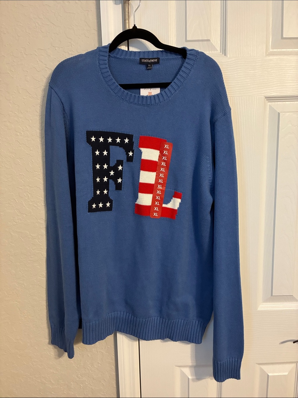 State of Mind Blue Crewneck Sweater with Red, White & Navy Appliqué
